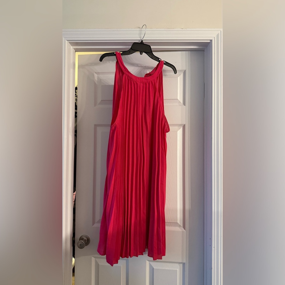 Pre-Owned Pink SHEIN Ruched Sleeveless Stand Collar Pleated Dress